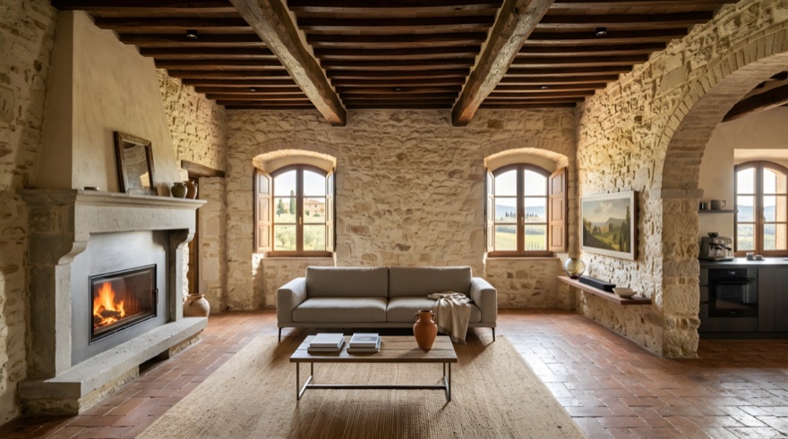 Restored Tuscan farmhouse living room with stone walls and a lit fireplace